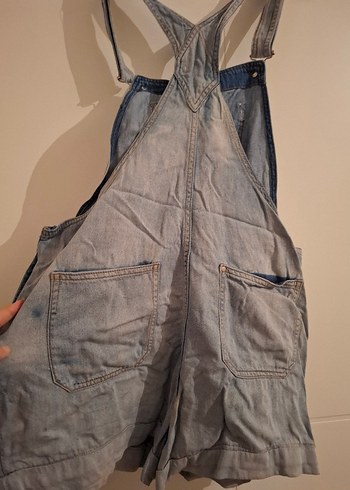 Gri acık mavi Kadın Denim Midi Kısa Tulum, bol rahat. - Görsel 5