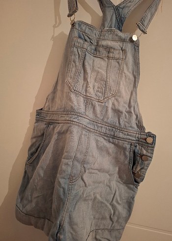 Gri acık mavi Kadın Denim Midi Kısa Tulum, bol rahat. - Görsel 6