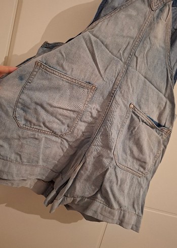 Gri acık mavi Kadın Denim Midi Kısa Tulum, bol rahat. - Görsel 3