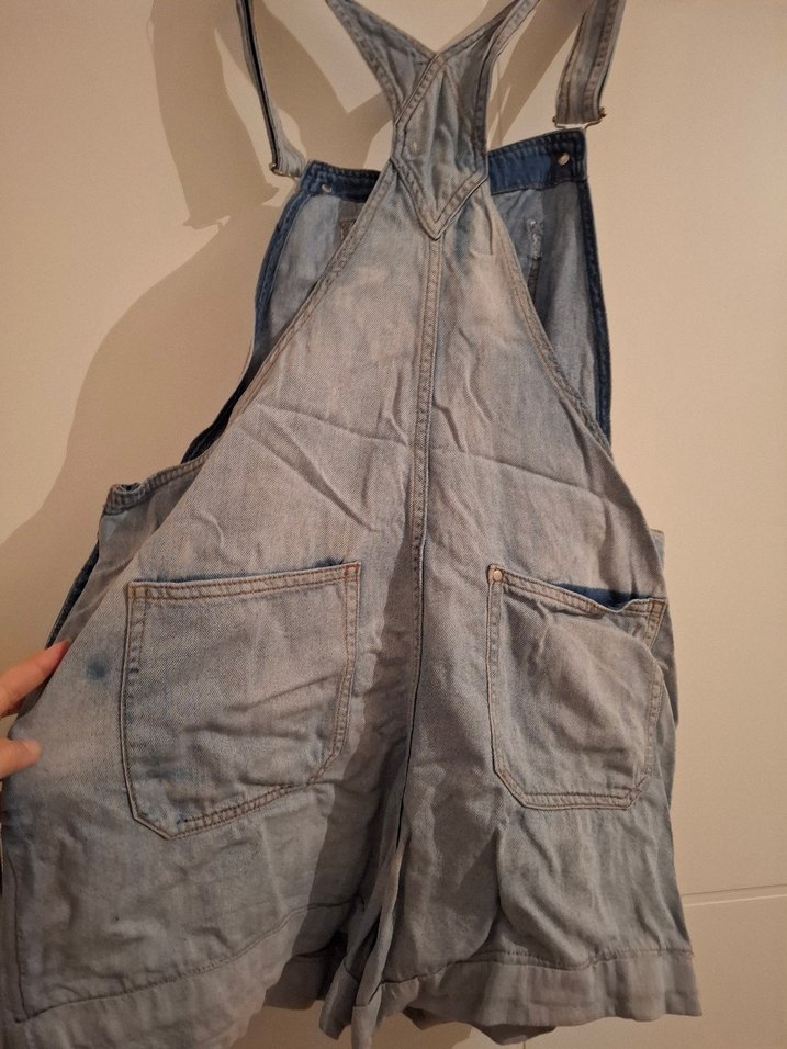 Gri acık mavi Kadın Denim Midi Kısa Tulum, bol rahat. - Görsel 5