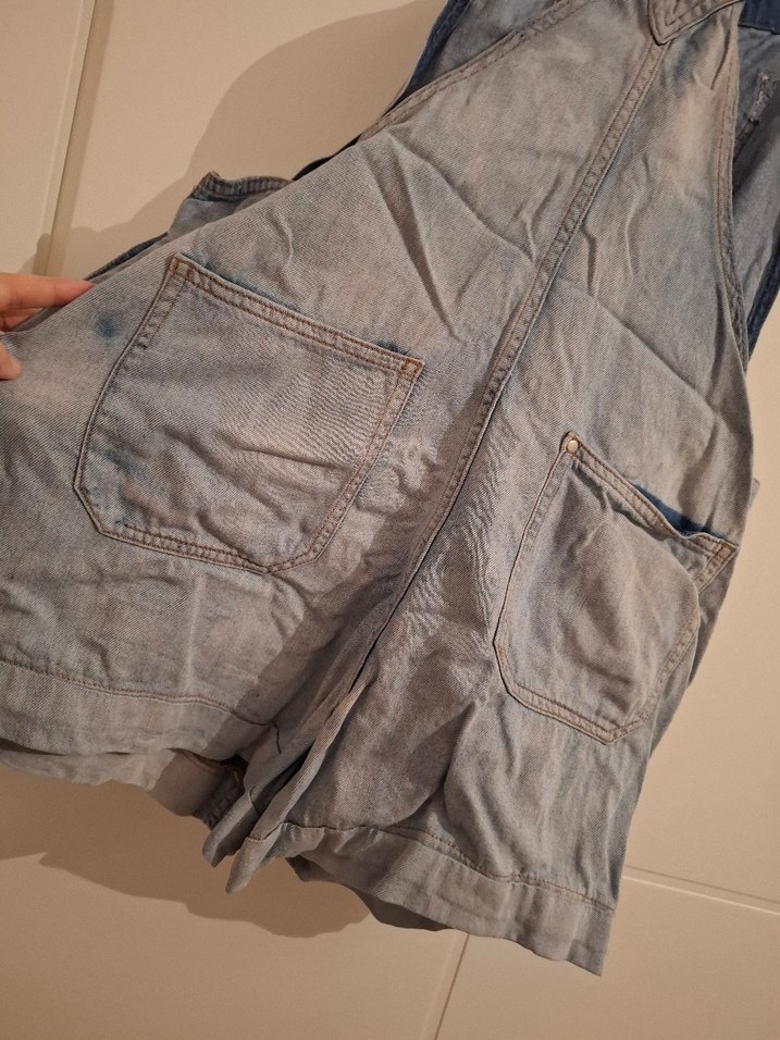 Gri acık mavi Kadın Denim Midi Kısa Tulum, bol rahat. - Görsel 3