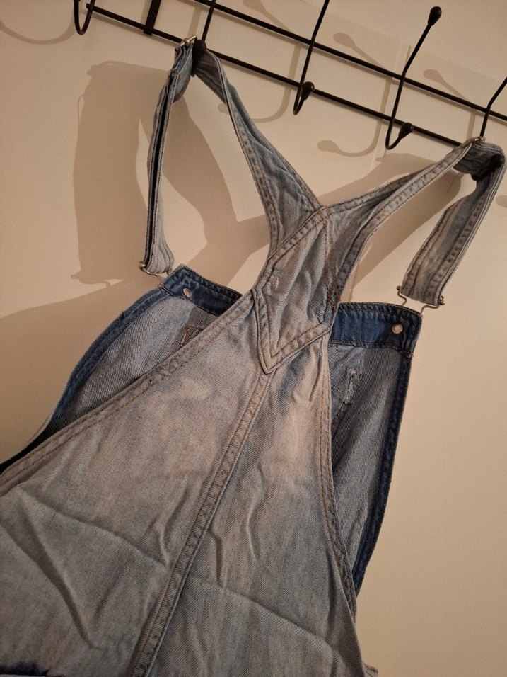 Gri acık mavi Kadın Denim Midi Kısa Tulum, bol rahat. - Görsel 4