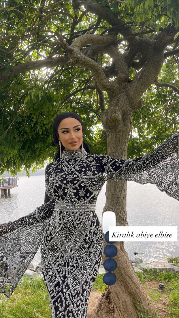 Uzun Siyah Etnik Desenli Gotik Abiye Elbise - Görsel 2