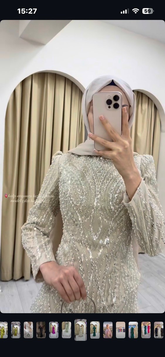 Bej İşlemeli Kat Kat Uzun Abiye Elbise - Görsel 3