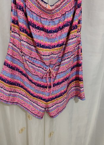 Renkli Bağlama Desenli Straplez Mini Tulum - Görsel 4