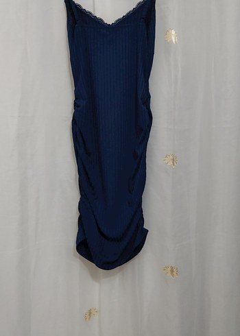 Lacivert V Yaka Pilili Midi Triko Elbise - Görsel 2