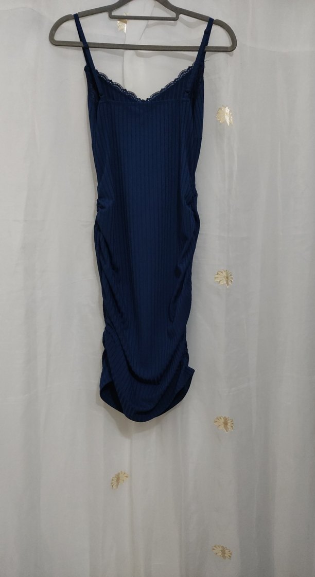 Lacivert V Yaka Pilili Midi Triko Elbise - Görsel 2