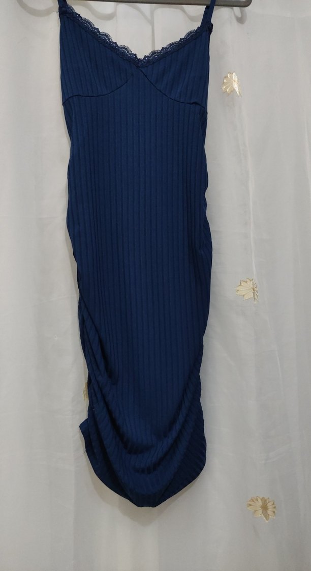 Lacivert V Yaka Pilili Midi Triko Elbise - Görsel 4