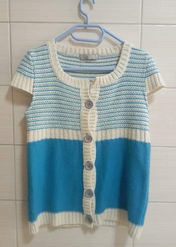 Mavi Kısa Kollu Triko Hırka - Görsel 3