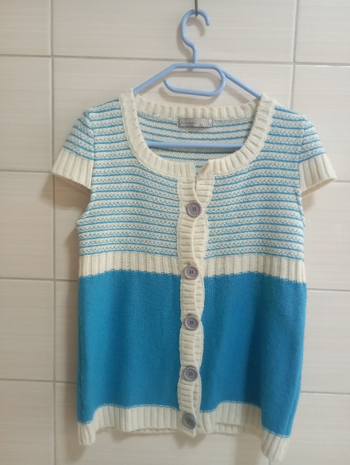 Mavi Kısa Kollu Triko Hırka - Görsel 2