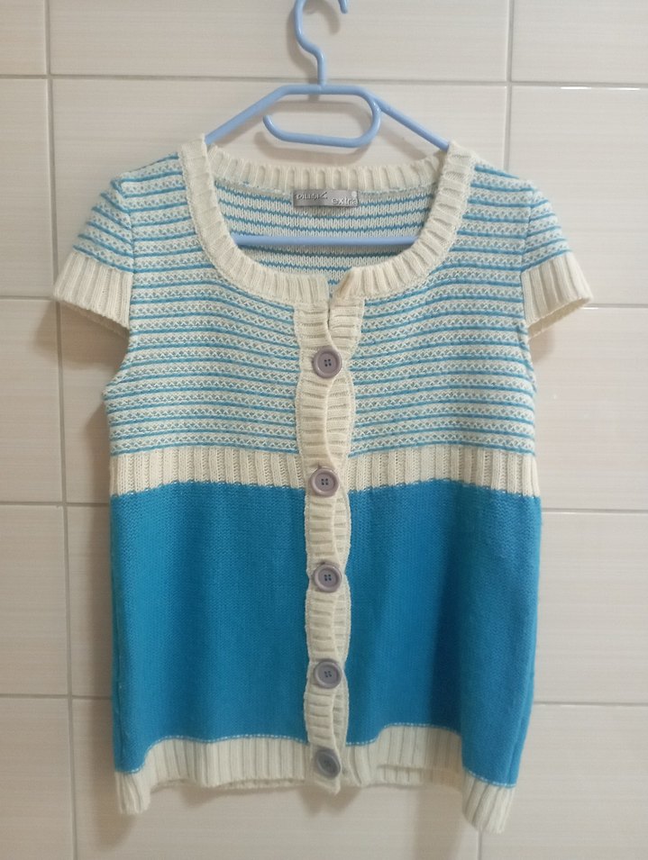 Mavi Kısa Kollu Triko Hırka - Görsel 3