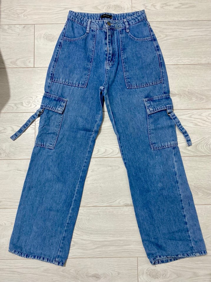 Geniş Kesim Kemerli Mavi Kot Pantolon - Görsel 2