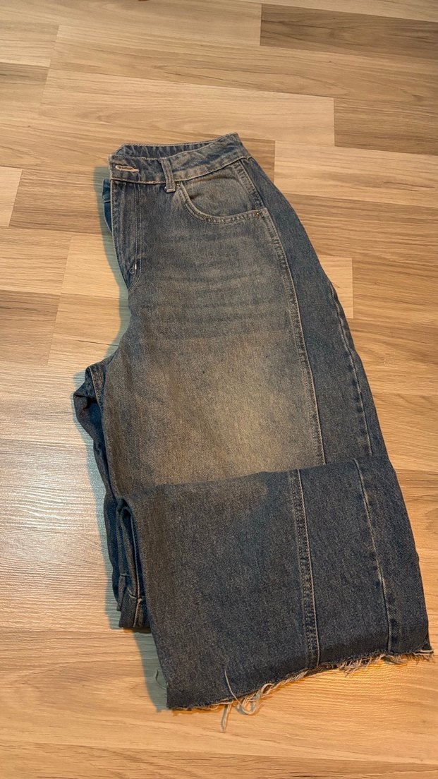 Gri Bol Kesim Kot Pantolon - Görsel 2