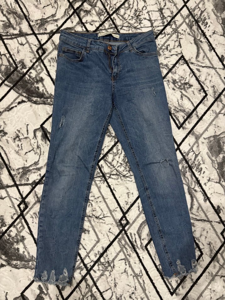 Gri Bağcıklı Mavi Kadın Denim Pantolon - Görsel 2