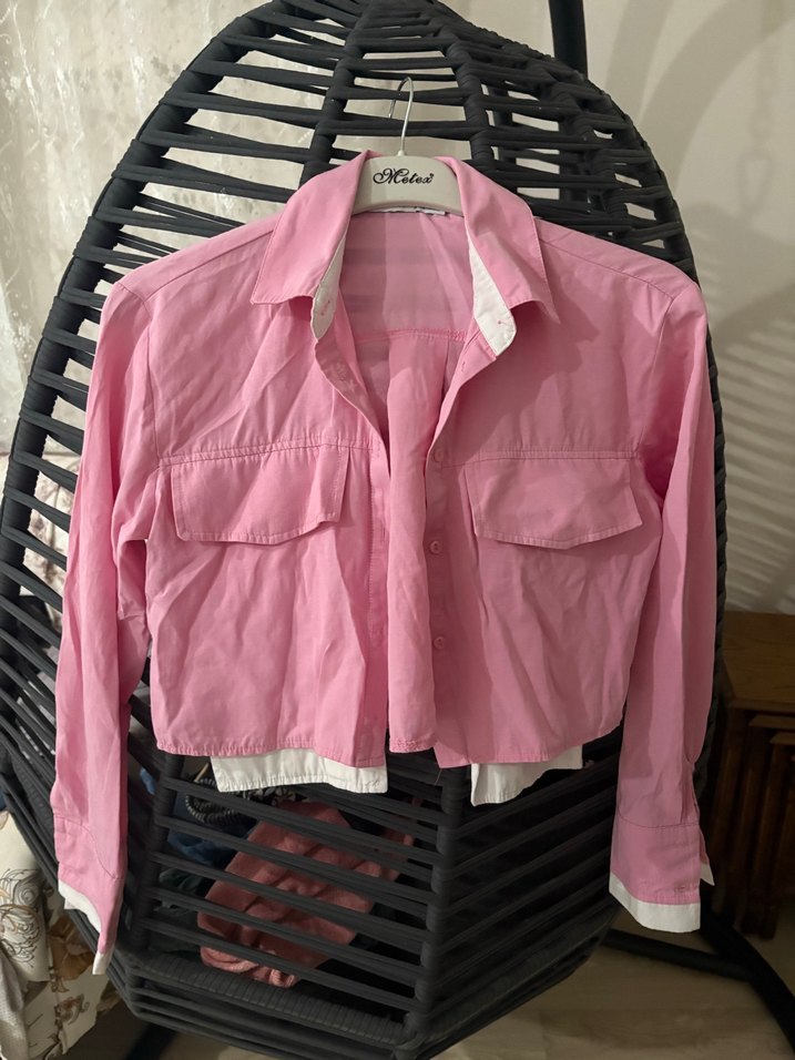 Pembe Düğmeli Uzun Kollu Kadın Gömlek - Görsel 2