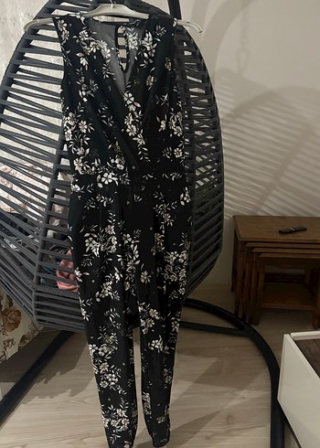 Bohem Siyah Çiçek Desenli Uzun Tulum - Görsel 2