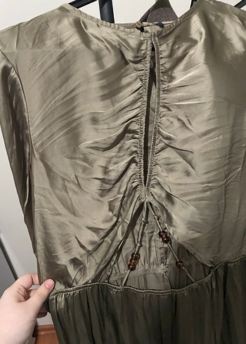 Haki V Yaka Drapeli Uzun Kadın Elbise - Görsel 2