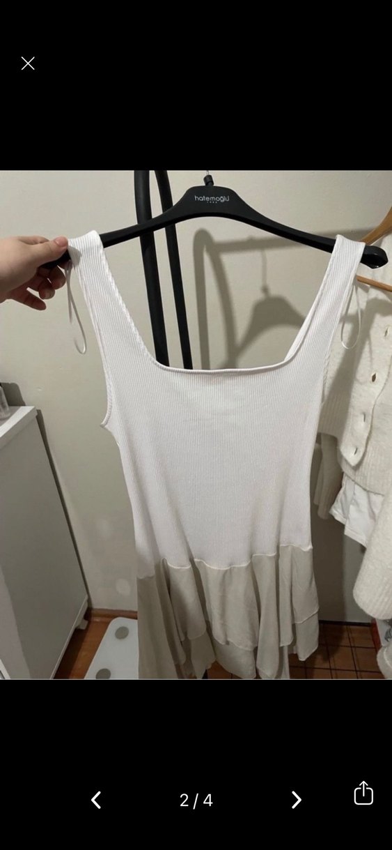 Kolsuz Beyaz Mini Keten Elbise - Görsel 2