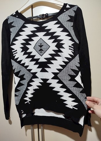 Bohem Desenli Siyah Uzun Kollu Triko Kazak - Görsel 4