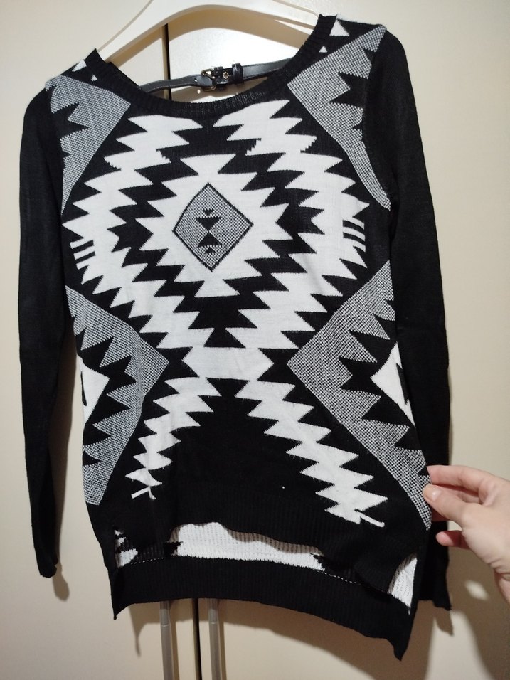 Bohem Desenli Siyah Uzun Kollu Triko Kazak - Görsel 4