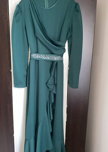 Drapeli Uzun Kollu Koyu Yeşil Kadın Elbise - Görsel 4