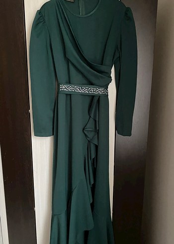 Drapeli Uzun Kollu Koyu Yeşil Kadın Elbise - Görsel 3