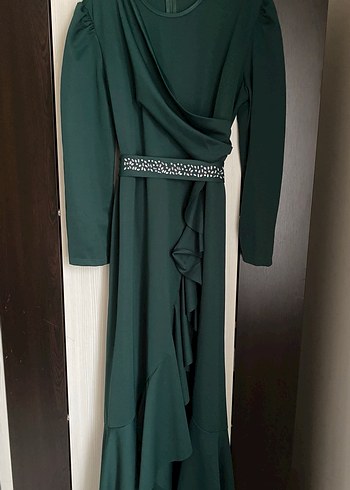 Drapeli Uzun Kollu Koyu Yeşil Kadın Elbise - Görsel 2