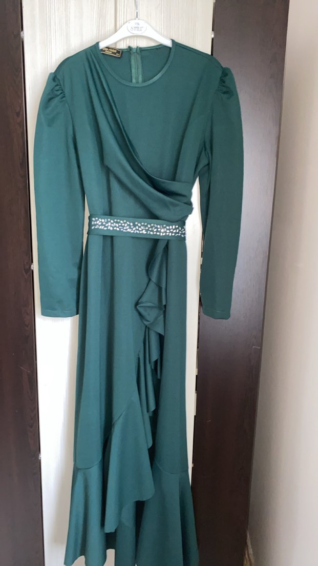 Drapeli Uzun Kollu Koyu Yeşil Kadın Elbise - Görsel 4