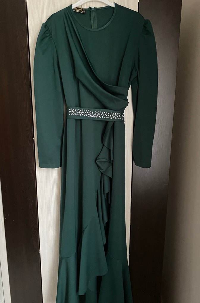 Drapeli Uzun Kollu Koyu Yeşil Kadın Elbise - Görsel 3