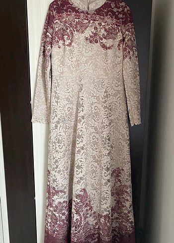 Bordo Nakışlı Uzun Kollu Dantel Elbise - Görsel 2