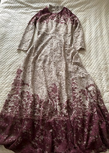 Bordo Nakışlı Uzun Kollu Dantel Elbise - Görsel 3