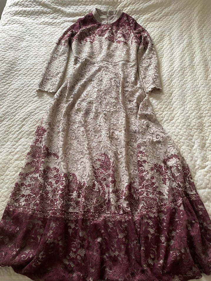 Bordo Nakışlı Uzun Kollu Dantel Elbise - Görsel 3