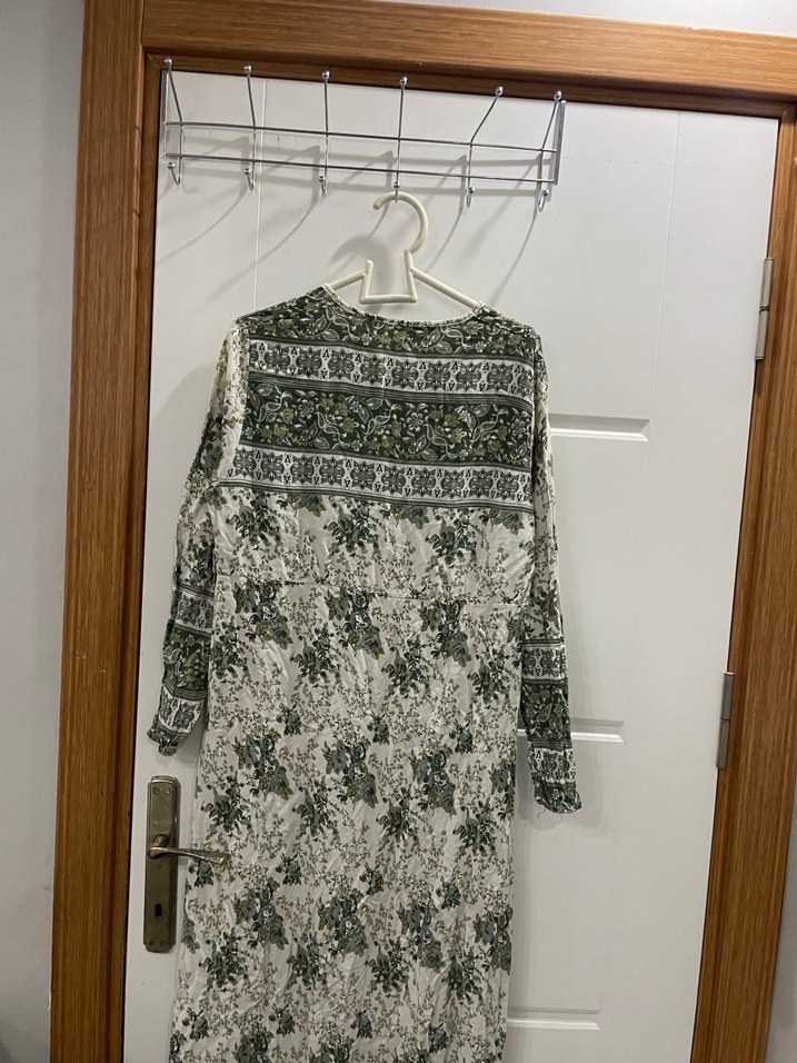 Bohem Uzun Kollu V Yaka Pamuk Elbise - Görsel 2