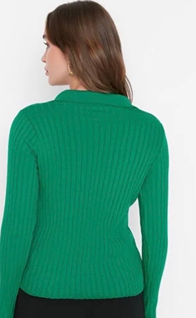 Yeşil Parlak Triko  Kadın polo yaka - Görsel 2