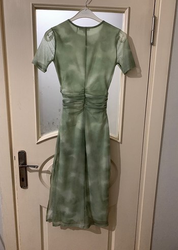 Yeşil Bağlama Desenli Kısa Kollu Uzun Elbise - Görsel 2