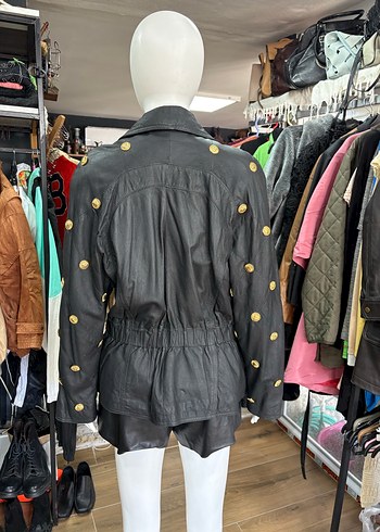 Düğmeli Siyah Deri Biker Ceket - Görsel 4