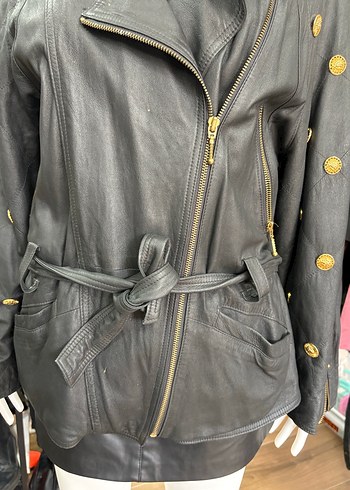 Düğmeli Siyah Deri Biker Ceket - Görsel 5