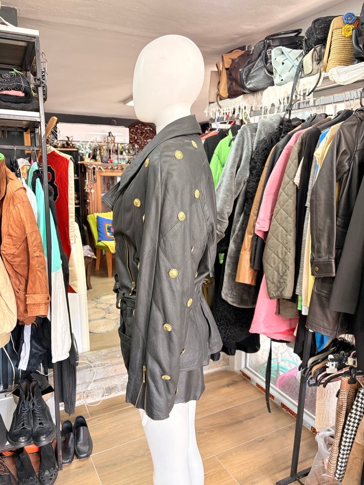 Düğmeli Siyah Deri Biker Ceket - Görsel 3