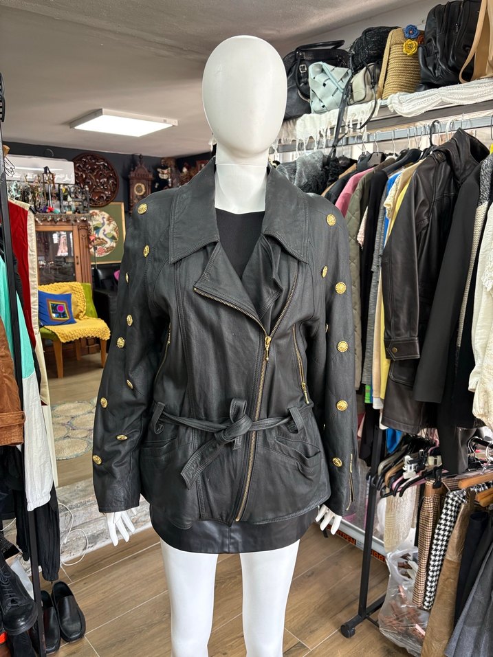 Düğmeli Siyah Deri Biker Ceket - Görsel 2