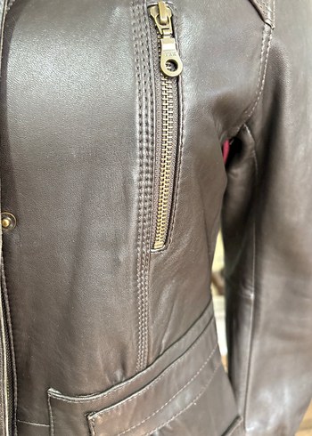 Kahverengi Deri Kapüşonlu Uzun Kadın Ceket - Görsel 6