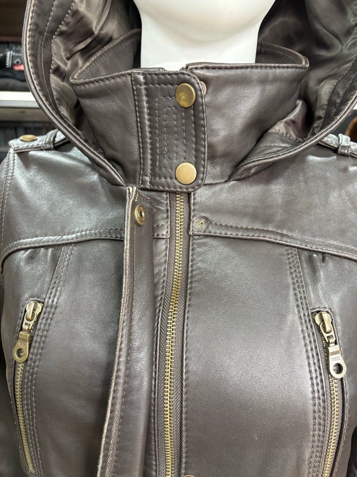 Kahverengi Deri Kapüşonlu Uzun Kadın Ceket - Görsel 4