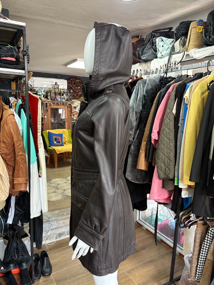 Kahverengi Deri Kapüşonlu Uzun Kadın Ceket - Görsel 2