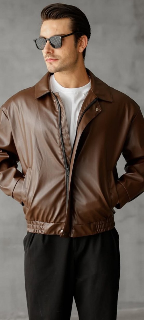 unisex  Kahverengi Deri Ceket - Görsel 2
