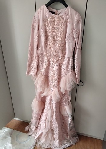 Pembe Nakışlı Uzun Kollu Abiye Elbise - Görsel 2