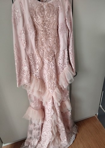 Pembe Nakışlı Uzun Kollu Abiye Elbise - Görsel 3