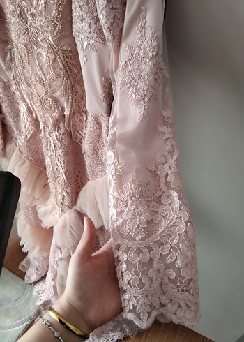 Pembe Nakışlı Uzun Kollu Abiye Elbise - Görsel 9