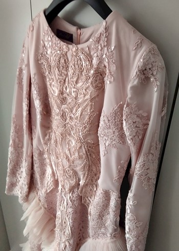 Pembe Nakışlı Uzun Kollu Abiye Elbise - Görsel 5