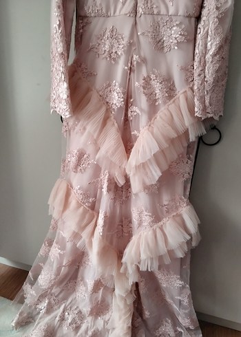 Pembe Nakışlı Uzun Kollu Abiye Elbise - Görsel 11