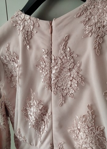 Pembe Nakışlı Uzun Kollu Abiye Elbise - Görsel 12