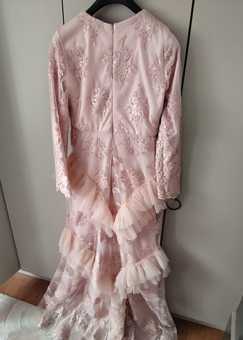 Pembe Nakışlı Uzun Kollu Abiye Elbise - Görsel 10